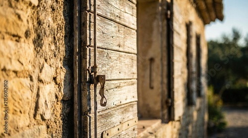 A wooden door stands open on a stone building in the countryside. The light is warm as it shines on the textures of the door and stone