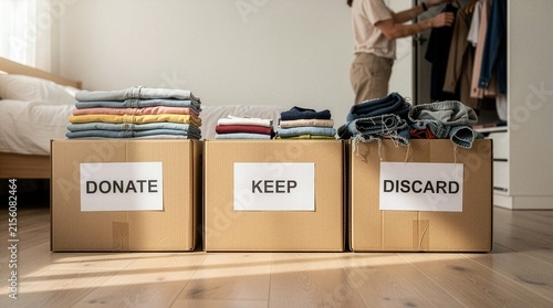 Three cardboard boxes labeled donate, keep, and discard filled with folded clothes on a bedroom floor, symbolizing wardrobe decluttering, organization, and a minimalist lifestyle.