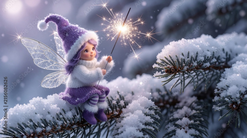 Obraz premium Cute fairy in purple hat holds sparkler on snowy pine branch. Whimsical winter scene with sparkling light and frost. Magical creature celebrates festive holiday joy.