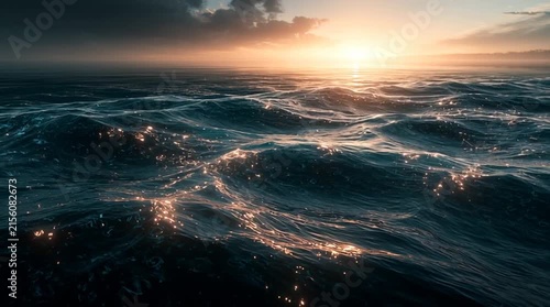 Vast calm ocean where transparent waves contain floating thoughts, glowing symbols, forgotten dreams and drifting ideas beneath the surface. Surreal cinematic scene symbolizing the collective humani