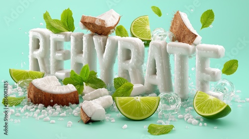 Coconuts and limes arranged around the word rehydrate