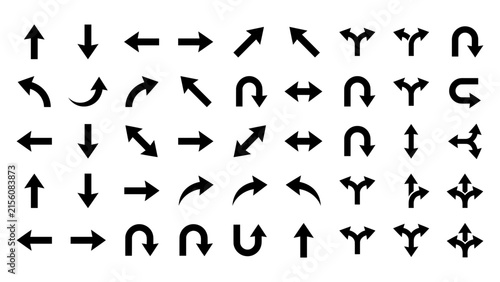 A varied compilation of black arrow symbols and gracefully curved design elements presented on a clean white backdrop for multiple creative design