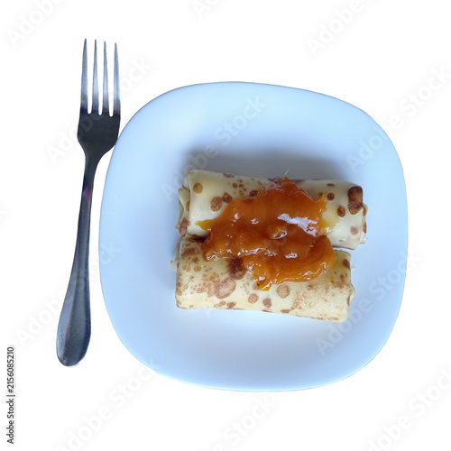 Pancakes with apricot jam on a white plate with a fork, isolated on a transparent background.