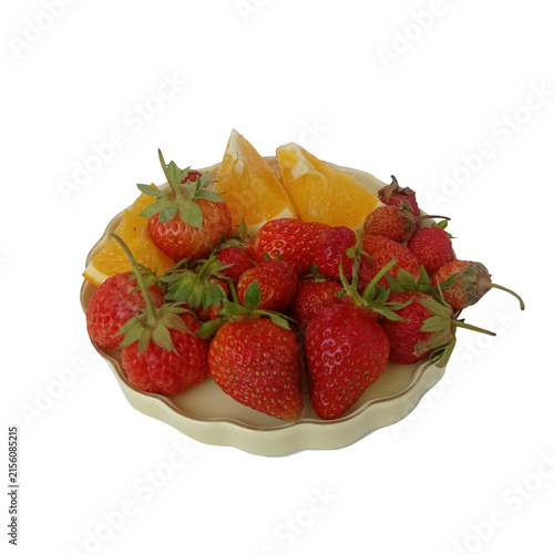 Ripe strawberries and orange slices on a yellow plate, isolated on a transparent background.