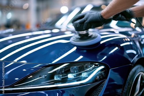 A technician polishes a sleek blue sports car with an electric orbital buffer in a bright workshop. Expert auto detailing for professional vehicle maintenance advertising.