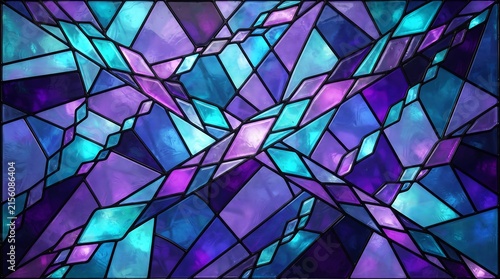 Intricate geometric stained glass window pattern with shimmering iridescent purple and teal glass panes bordered by dark lead lines creating a complex abstract design