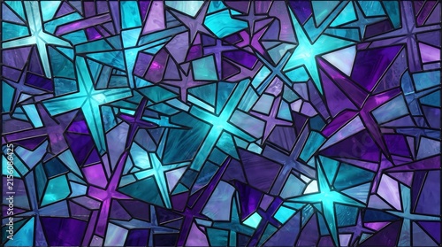 Vibrant abstract stained glass design featuring numerous star shapes in shades of turquoise and purple with thick black leading creating a mosaic effect