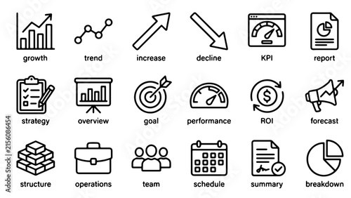 Business Analytics, Financial Growth, Performance Metrics, and KPI Line Icon Set