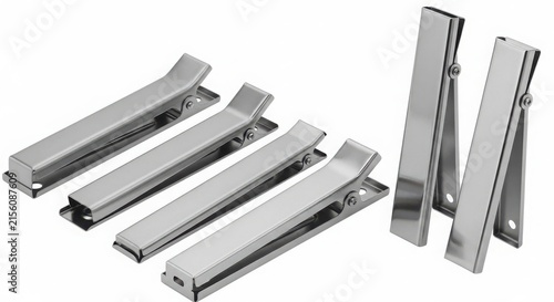 A set of metal clips on a white background