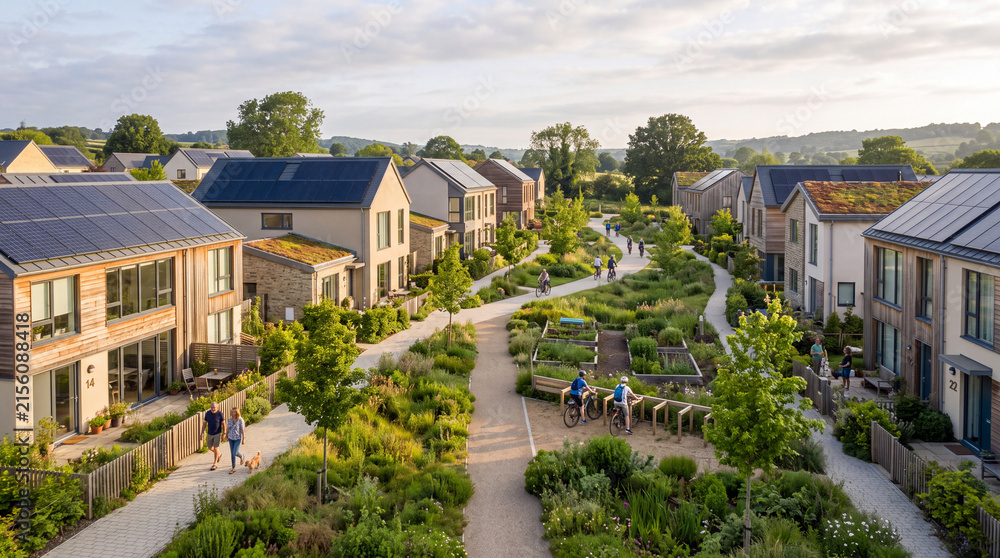 Fototapeta premium Sustainable Neighborhood with Energy Efficient Homes and Rooftop Solar Panels