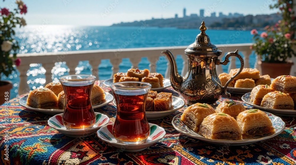 Fototapeta premium Turkish tea served with baklava and other sweets by the sea. Morning sunlight gleams on water. City skyline in distance. A traditional sweet breakfast.