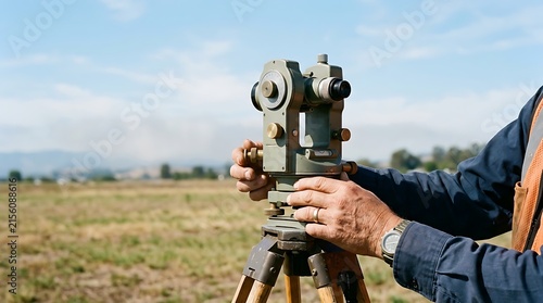 Surveyor operating a theodolite on a tripod in a field with distant hills under a blue sky