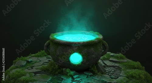Glowing mystical cauldron on stone pedestal.