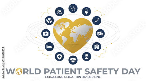 World patient safety day conceptual design with golden heart map and global medical icons, healthcare