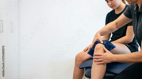 Therapist applying cold pack to young athlete's injured knee for pain relief