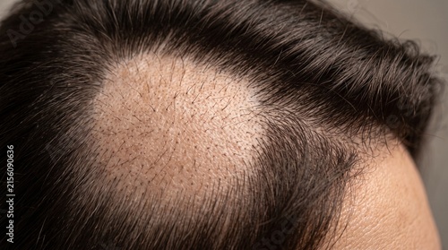 Close up of male pattern baldness on scalp.