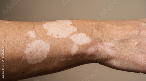 Close up of skin with white patches and discoloration.