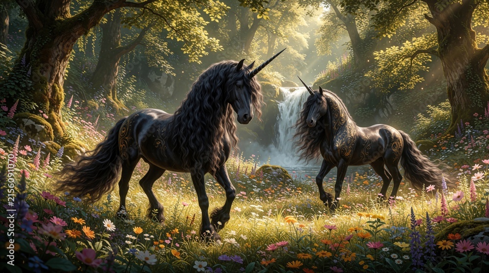 Fototapeta premium Two majestic black unicorns stand in vibrant flower field near waterfall. Sunlight streams through forest canopy illuminating flowing manes, ornate markings. Magical scene evokes fantasy, myth.