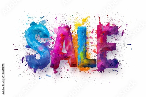 the typographic inscription SALE made in colored paints on a white background. There are splashes of paint all around . Illustration