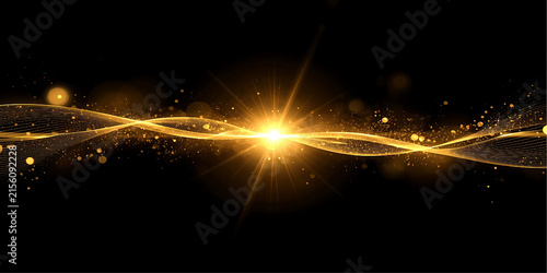 Foto Golden wave pattern with bright central burst and particle effects against a black background
