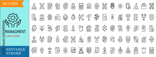 Management Line Icon Set editable stroke with leadership teamwork organization control strategy performance icons vector outline illustration