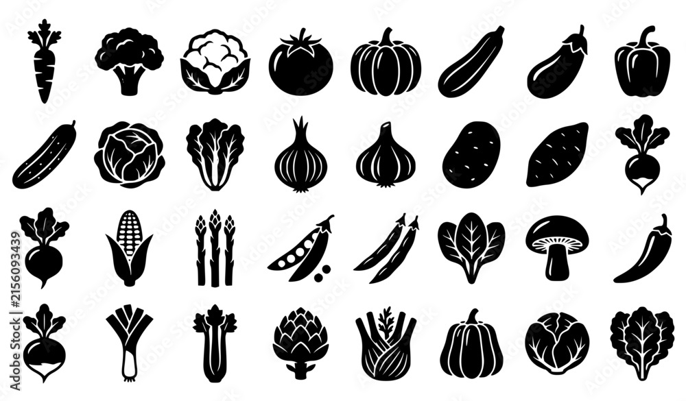 Obraz premium Monochrome Vegetable Flat Icons with Organic Farm Produce and Healthy Food Symbols Vector Set