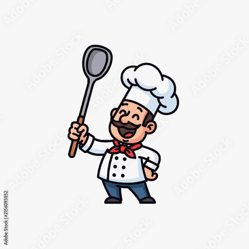 Foto Vector illustration of a smiling male chef mascot with a mustache, wearing a white toque, red cravat, and professional uniform, holding a large cooking spoon aloft on white background