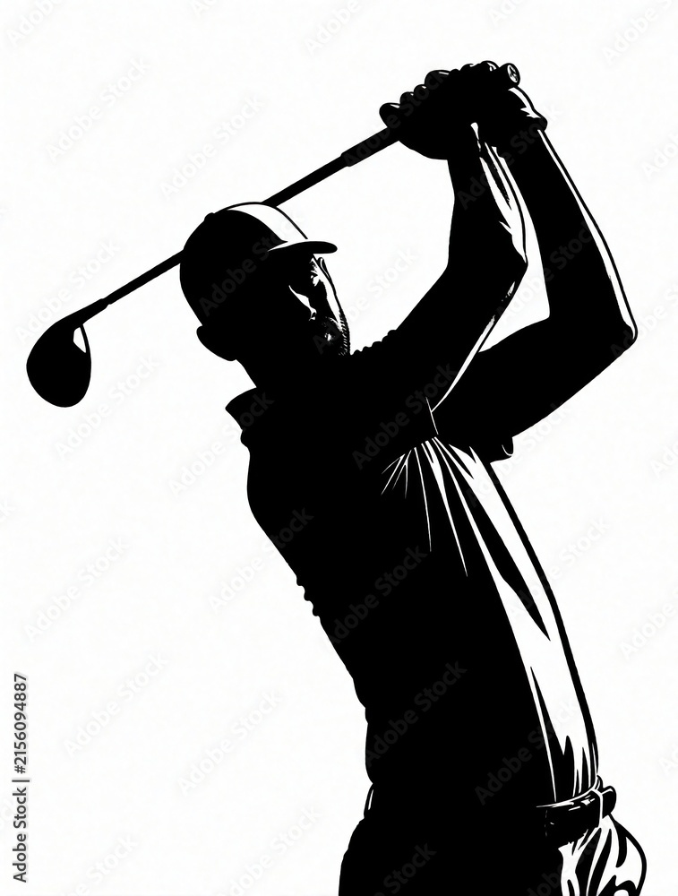Fototapeta premium Golfer in black silhouette swings club against white background. Athlete completes backswing motion, ready for shot. Focus on movement and power in sport.
