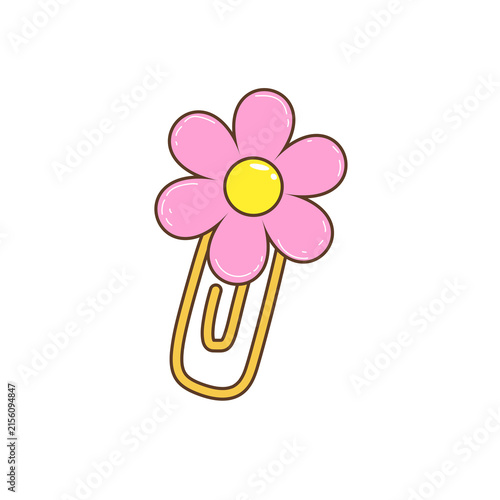 Cute pink flower with yellow center attached to a gold paperclip decoration supplies stationary scrapbook illustration transparent background attachment on transparent background