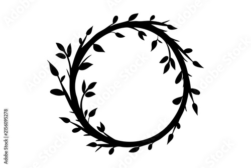 Black silhouette circular frame made of intertwining vines and small leaves, natural design element.
