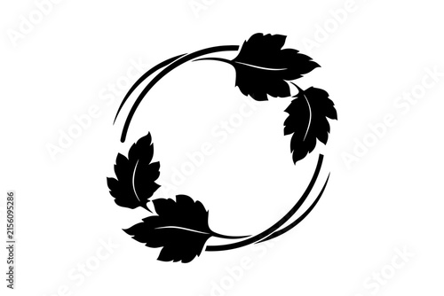 Elegant circular frame wreath decorated with autumn foliage and swirling vine branches for seasonal greeting card layouts.