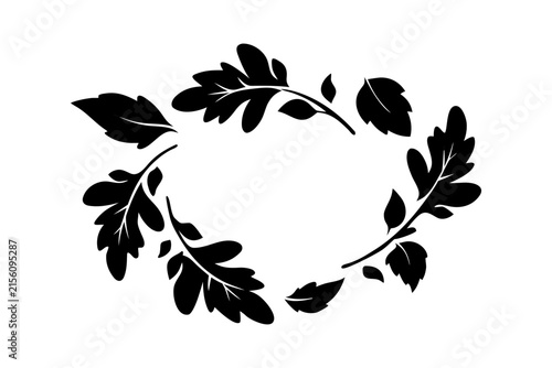 Elegant oval botanical frame featuring black oak leaves and foliage silhouettes for natural wedding and invitation decor.