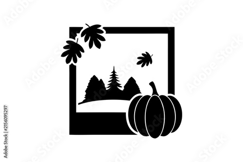 Square photo frame graphic depicting forest landscape with falling leaves and pumpkin for festive autumn season design.