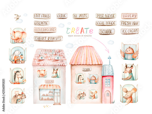 Watercolor hand painted cartoon set of houses and animals safari elephant and zebra , fawn and elephant trees building. DIY clipart.Hand drawn fantasy world illustration. greeting card, print