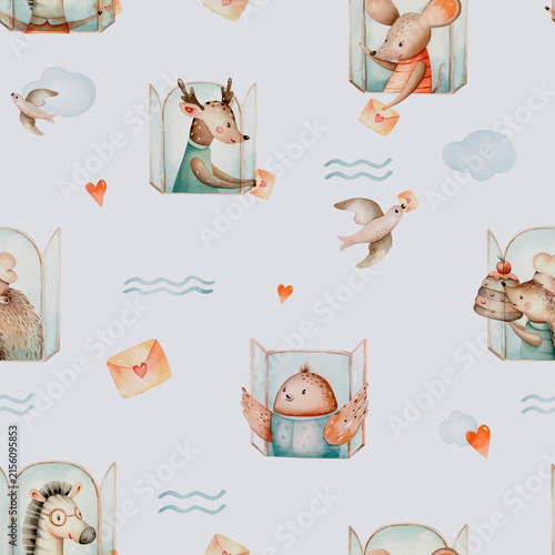 Seamless pattern with watercolor hand drawn cute happy elephant, fawn and hedgehog animals in window. Bird and mouse illustration of city For baby nursery design