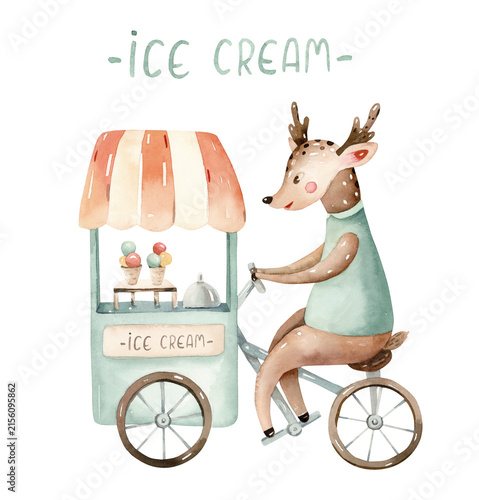 Watercolor nursery Cute Woodland baby fawn driving a pink ice cream truck. Colorful hand drawn trendy illustration isolated on white background Animal in the town for baby shower