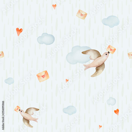 Seamless pattern with hand-drawn watercolor hand drawn birds and clouds. Print for baby fabric or nursery decor