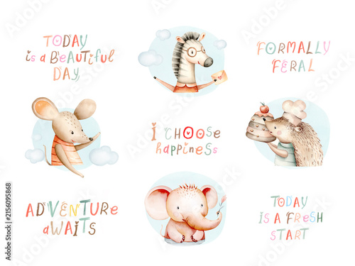 Watercolor nursery Clipart of safari animals elephant and zebra illustration. Cute Woodland hedgehog and mouse. Animal and affirmation posters for baby shower