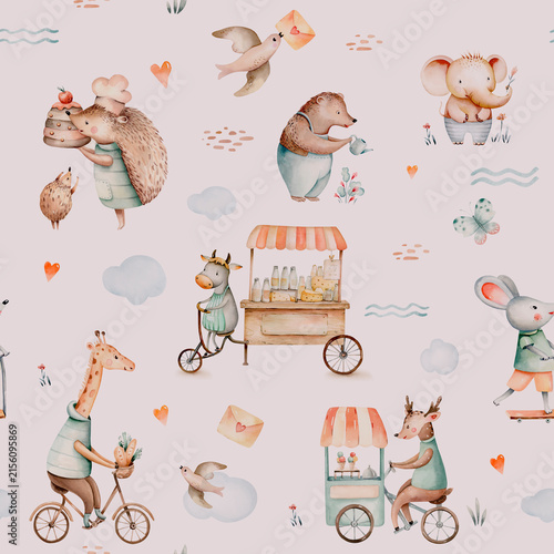 Seamless pattern with watercolor hand drawn cute happy animals giraffe on bike, bunny and bear animal in the village. Fawn and mouse are riding scooter illustration hedgehog baby nursery design