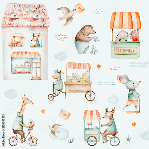 Seamless pattern with watercolor hand drawn cute happy animals giraffe on bike, bynny and bear animal in the village. Fawn and mouse are riding scooter illustration in a quirky city  baby 