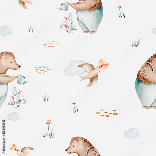 Hand-drawn seamless watercolor pattern with baby bear watering flowers and bird. Whimsical pastel city scene kids background for nursery in gentle pastel color.