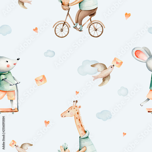 Hand-drawn seamless watercolor pattern with giraffe riding a bike and and mouse on scooter bird. Whimsical pastel design background for nursery in gentle pastel color. Children trendy wallpaper