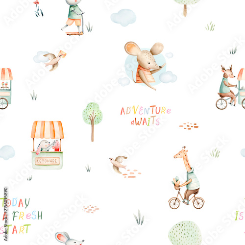 Watercolor seamless pattern animals giraffe and fawn illustration. Cute bunny and mouse. Animal and affirmations for baby kids party decoration, design for nursery room