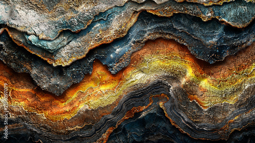 Plakat w ramie Patrón ondulado escénico en capas de mármol verde azulado y dorado con detalle rojo. Textura abstracta de lujo para uso editorial y de diseño premium. Ilustración 3D.