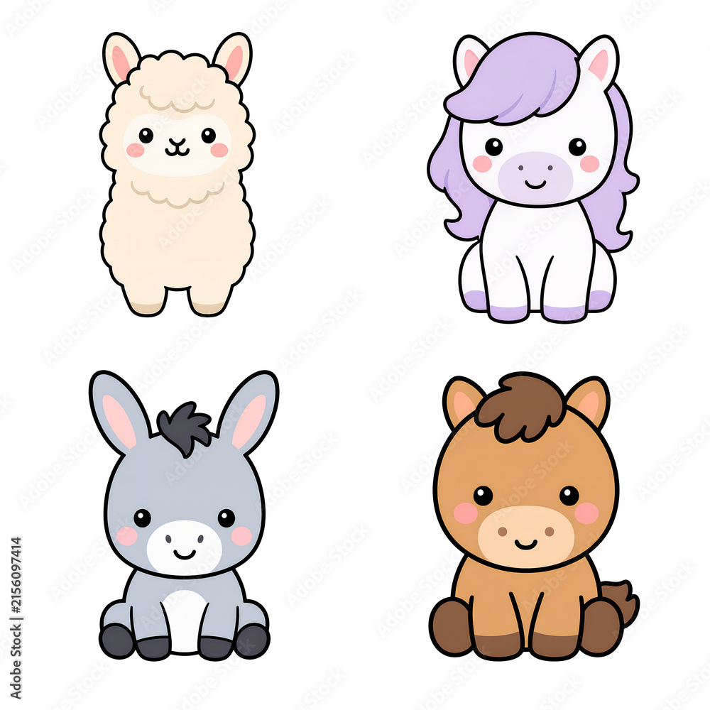Naklejka premium Cute cartoon alpaca kawaii farm animal child illustration pastel color vector smiling baby character sitting pose adorable design nursery art