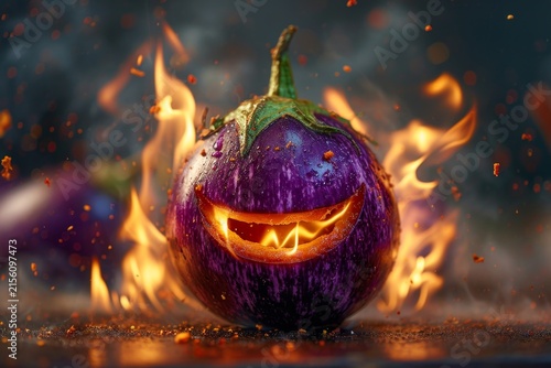 Smiling cartoon eggplant on fire on the table. The illustration