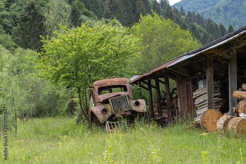 Obraz na płótnie A rusty vintage truck rests in tall green grass next to a wooden shed