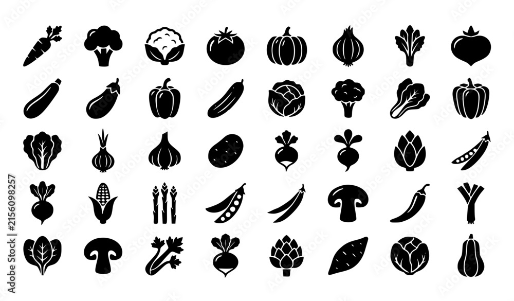 Fototapeta premium Black Simple Vegetable Icons Set with Fresh Produce Editable EPS Vector