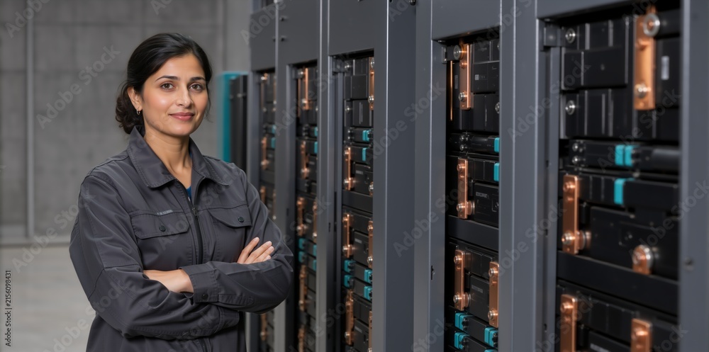 Fototapeta premium Portrait of a female engineer standing with arms crossed in a data center. South Asian woman technician in grey uniform next to server racks. Energy storage facility concept