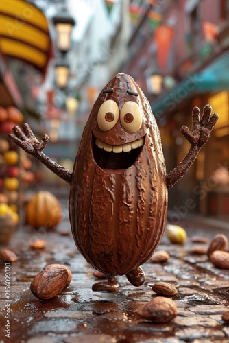 The cute character of the cartoon smiling Cocoa bean waves his hands and greets. 3d illustration